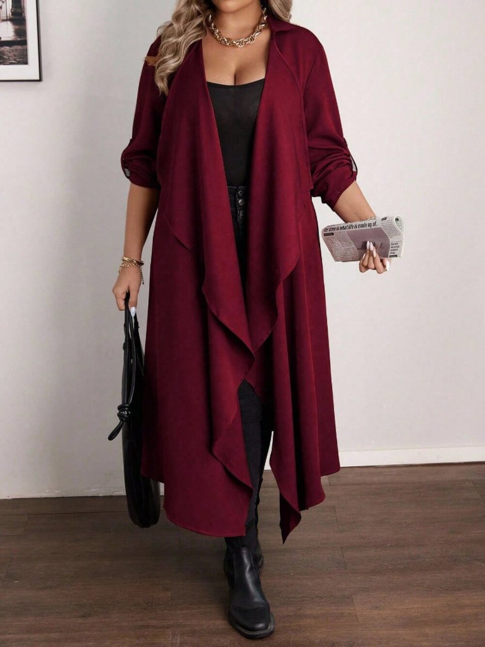 Burgundy Casual Women's Unlined Asymmetrical Midi Long Cardigan